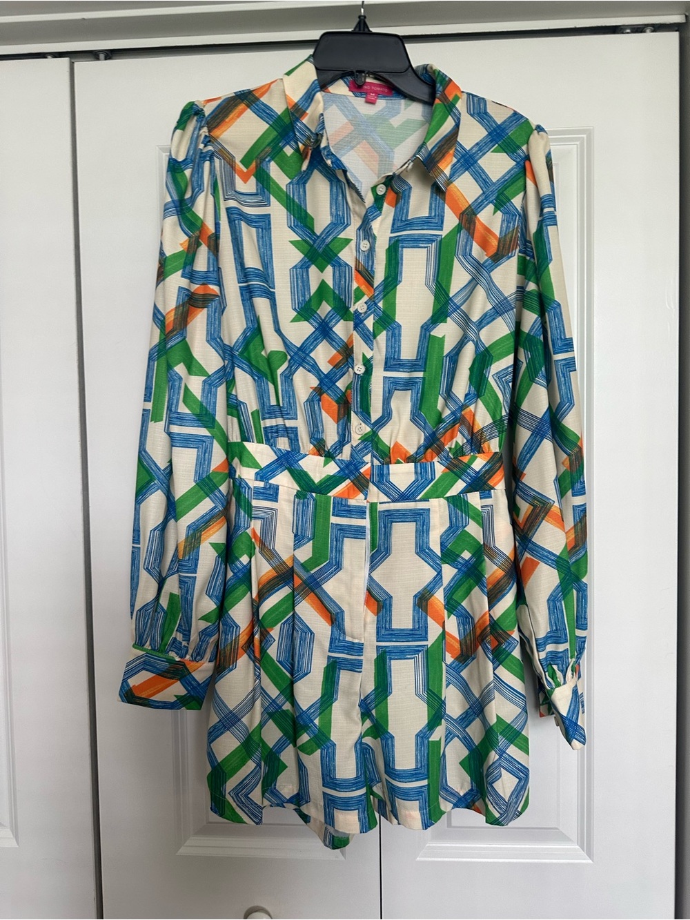 Flying Tomato Geometric Print Long-Sleeve Jumper Dress in Blue, Green & Orange